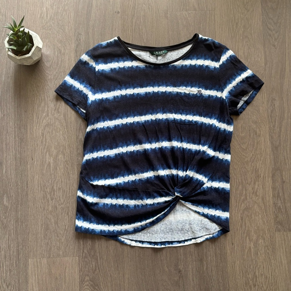 Lauren Ralph Lauren Blue & White Striped Linen T-Shirt with Front-Knot Detail